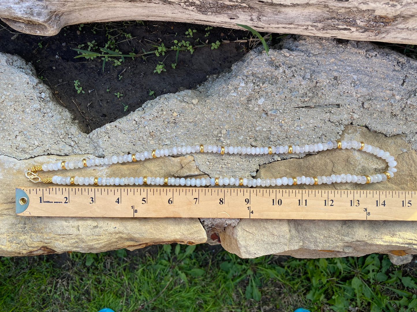 30" Long 8mm Faceted Rainbow Moonstone Beads Necklace, 18K Brushed Gold Overlay Focal Beads Necklace, Rondel White Gemstone Women Necklace