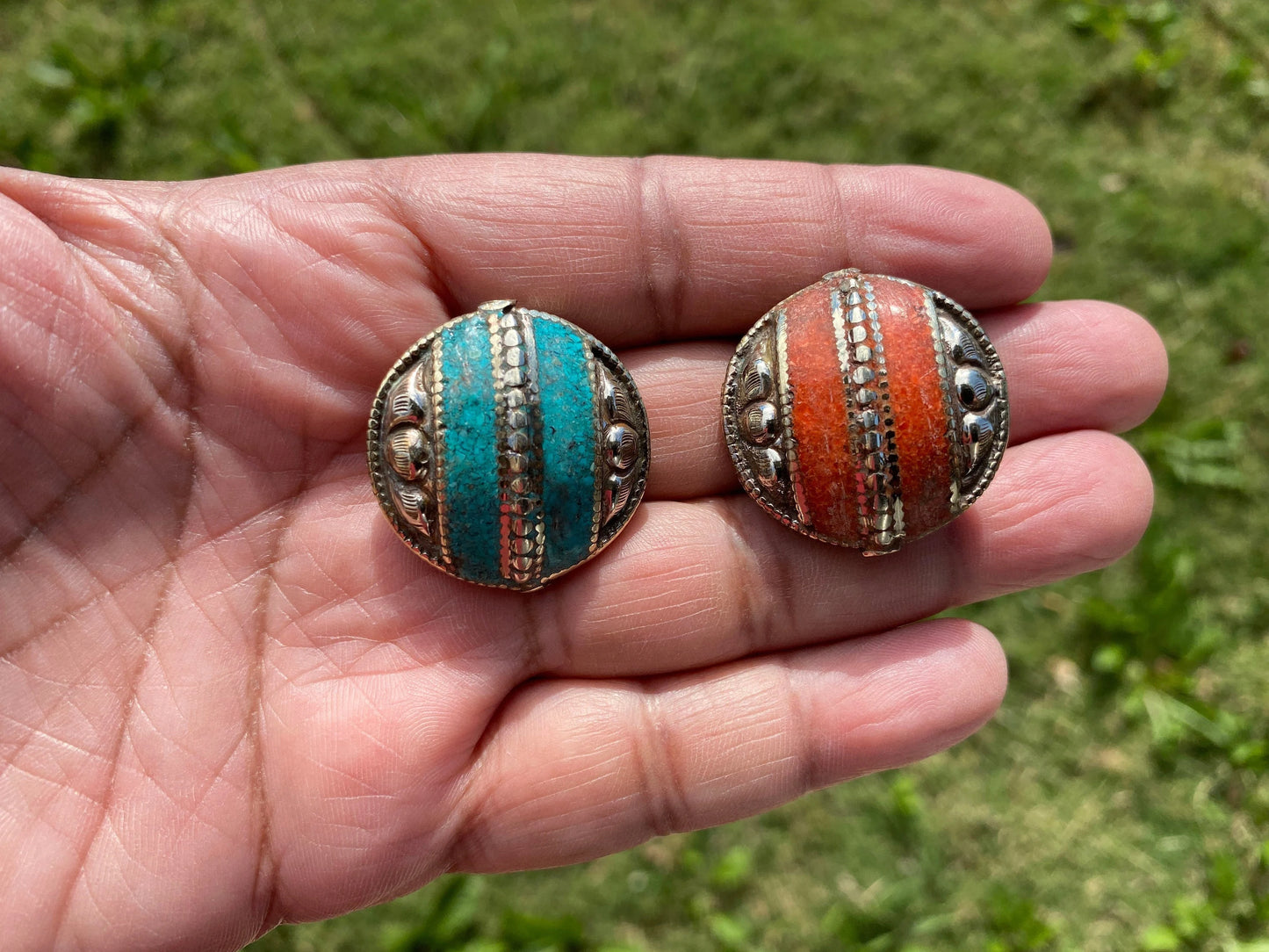 30 mm Tibetan Silver Center Beads, Turquoise or Coral Inlaid, Himalayan Bead for Necklace, Bracelet Charm, Mala Bead, Hill Tribe Center Bead