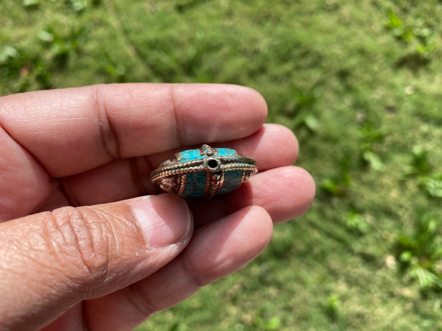 30 mm Tibetan Silver Center Beads, Turquoise or Coral Inlaid, Himalayan Bead for Necklace, Bracelet Charm, Mala Bead, Hill Tribe Center Bead