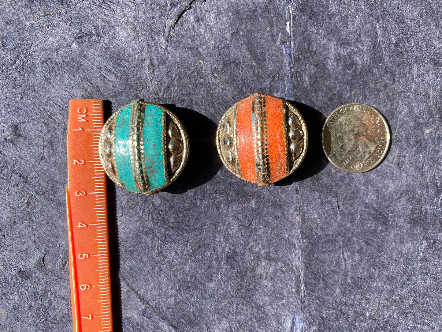 30 mm Tibetan Silver Center Beads, Turquoise or Coral Inlaid, Himalayan Bead for Necklace, Bracelet Charm, Mala Bead, Hill Tribe Center Bead