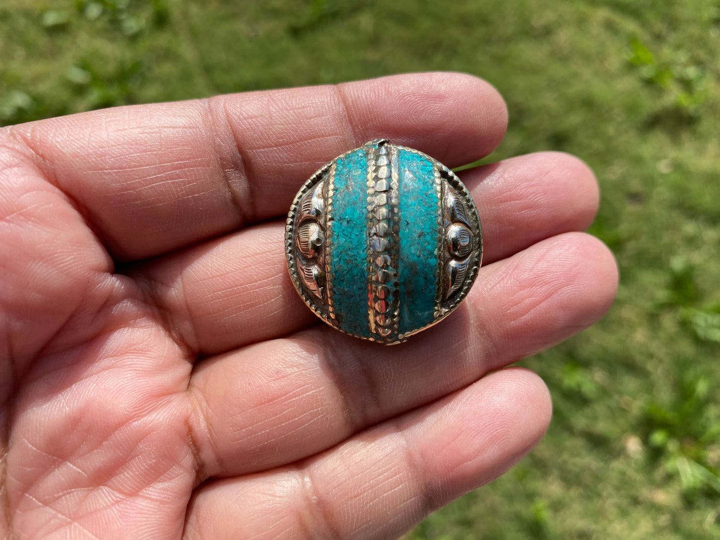 30 mm Tibetan Silver Center Beads, Turquoise or Coral Inlaid, Himalayan Bead for Necklace, Bracelet Charm, Mala Bead, Hill Tribe Center Bead