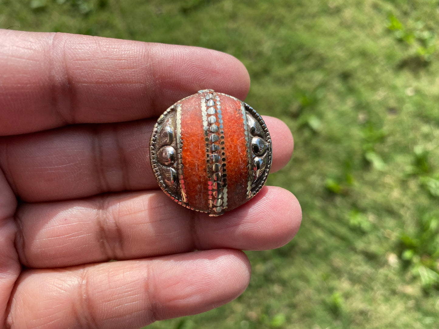 30 mm Tibetan Silver Center Beads, Turquoise or Coral Inlaid, Himalayan Bead for Necklace, Bracelet Charm, Mala Bead, Hill Tribe Center Bead