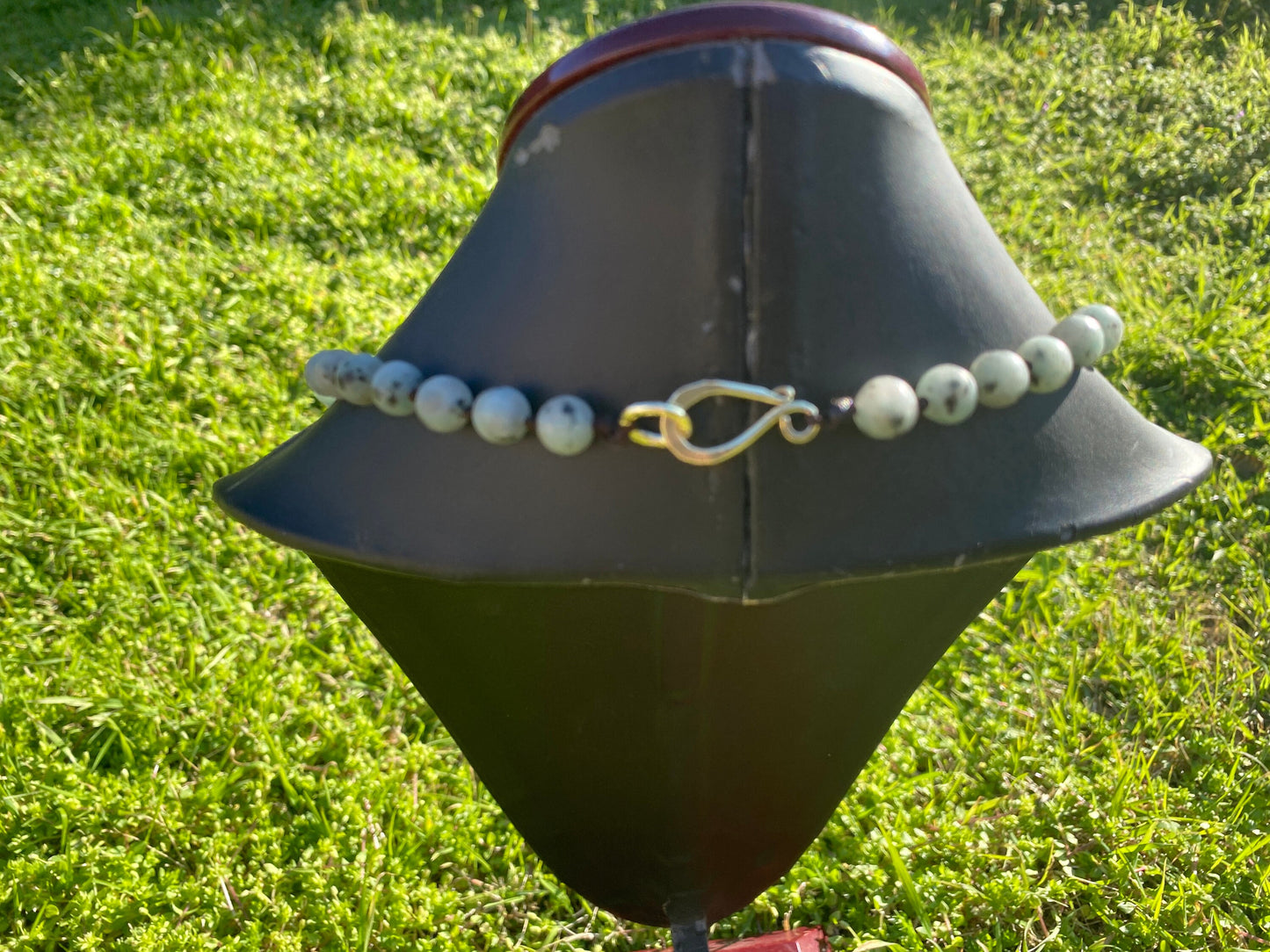 32" 8MM Matte Finish Natural Kiwi Jasper Necklace, Gold Overlay S-Hook Closure, Elevate Your Style with the Luxurious Appeal of Jasper Beads