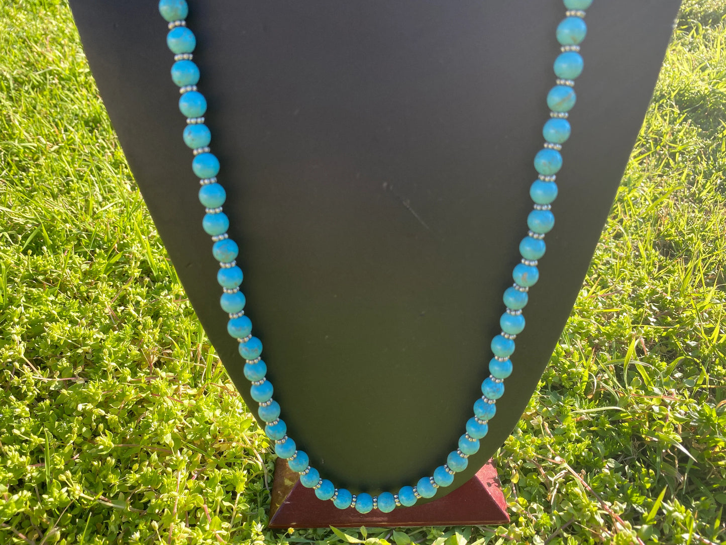 32" Long 9 mm Howlite Turquoise Necklace, Silver Overlay S-Hook, Long Beaded Necklace, Boho Jewelry, Handcrafted Jewelry, Southwest Style