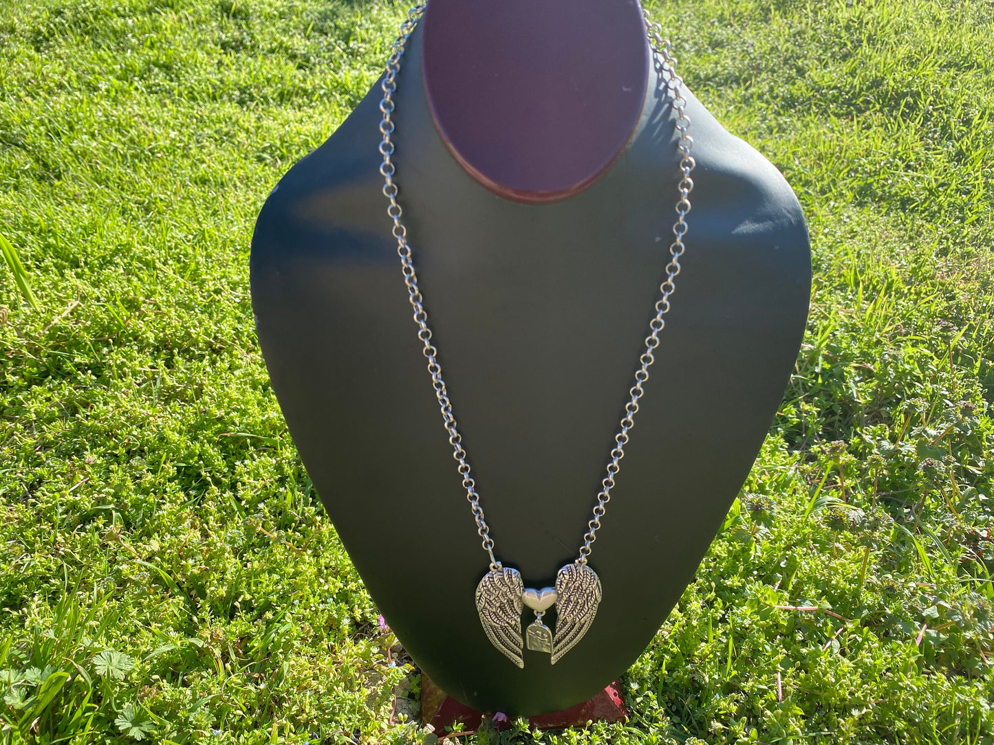 33" Long Guardian Angel Wing with Heart Pendant Rollo Chain Tibetan Silver Necklace, Memorial Necklace, Angel wings jewelry, Sympathy Gift