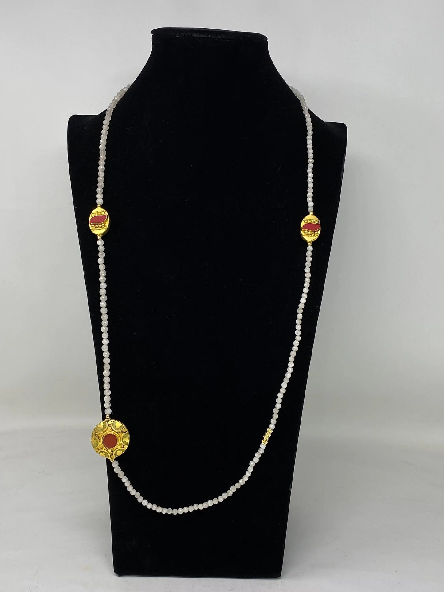 36" Long 5mm Faceted Moonstone Necklace, Coral on Focal Bead, 18K Matte Gold Overlay, Beaded Necklace, Nepal Tibetan Beads