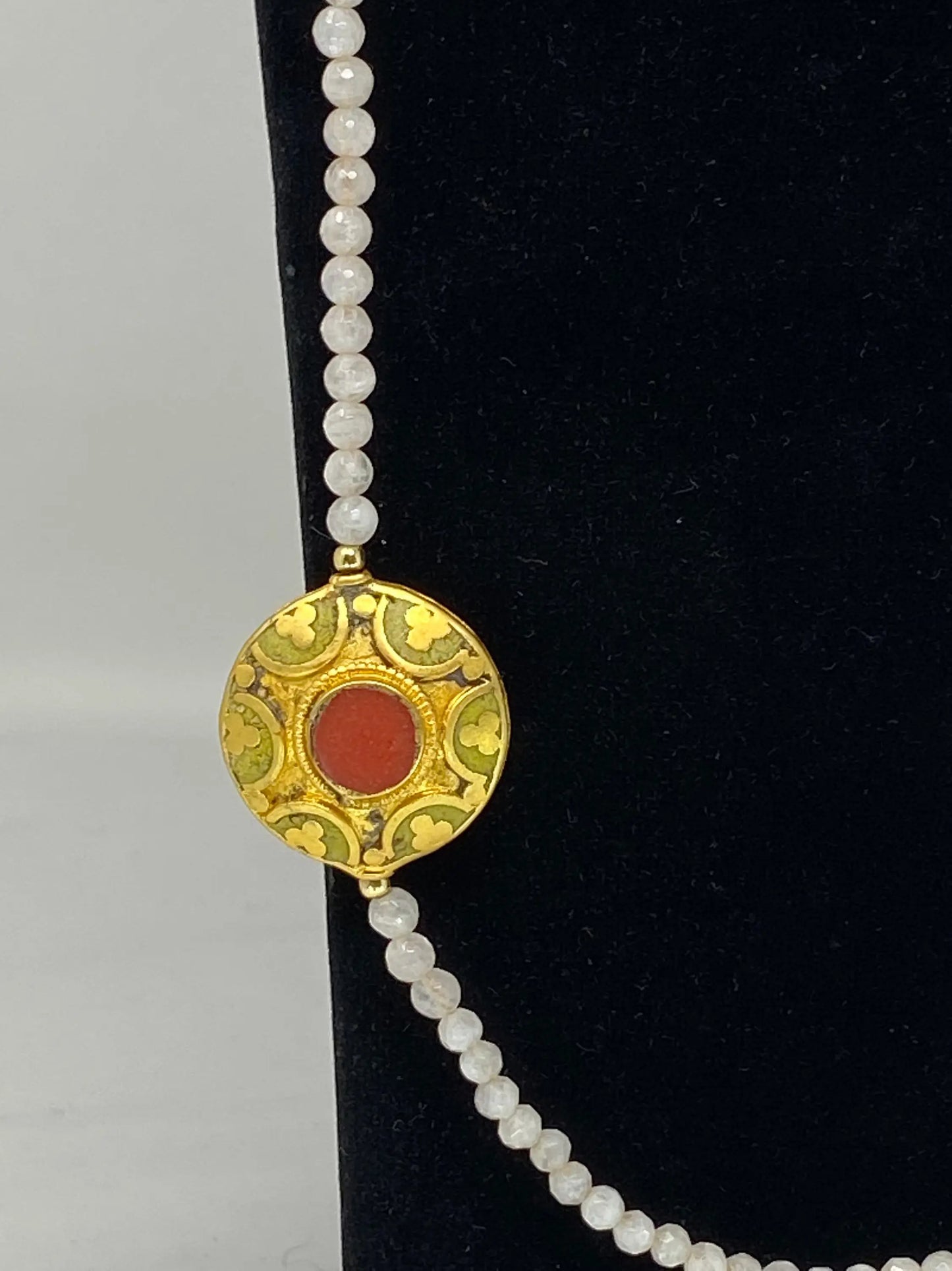 36" Long 5mm Faceted Moonstone Necklace, Coral on Focal Bead, 18K Matte Gold Overlay, Beaded Necklace, Nepal Tibetan Beads