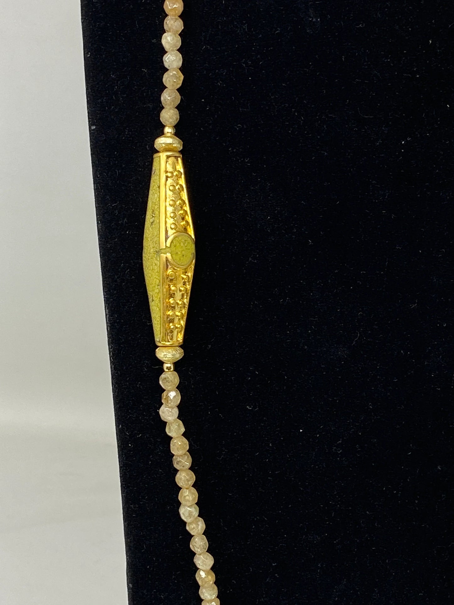 36" Long 6mm Faceted Necklace, Nepal Handmade Focal Bead, 18k Matte Gold Overlay, Beaded Necklace Bohemian Necklace