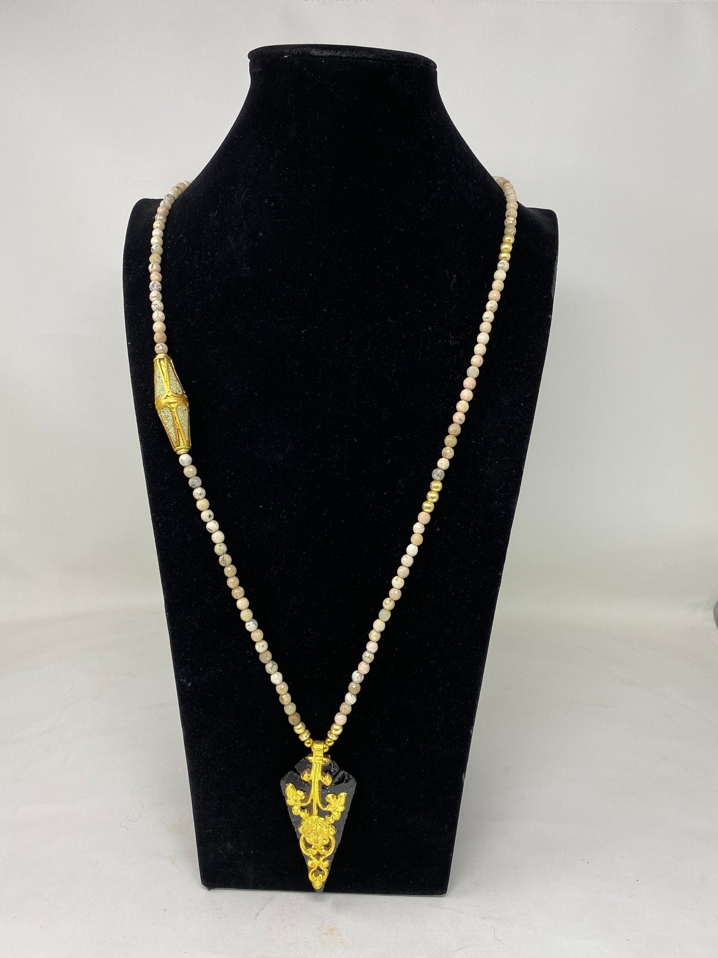 36" Long Necklace 6mm Faceted Creamy Beige White Natural Fossil Jasper, Amber Inlaid Focal Bead, Obsidian Handcrafted Pendant, Gold Overlay