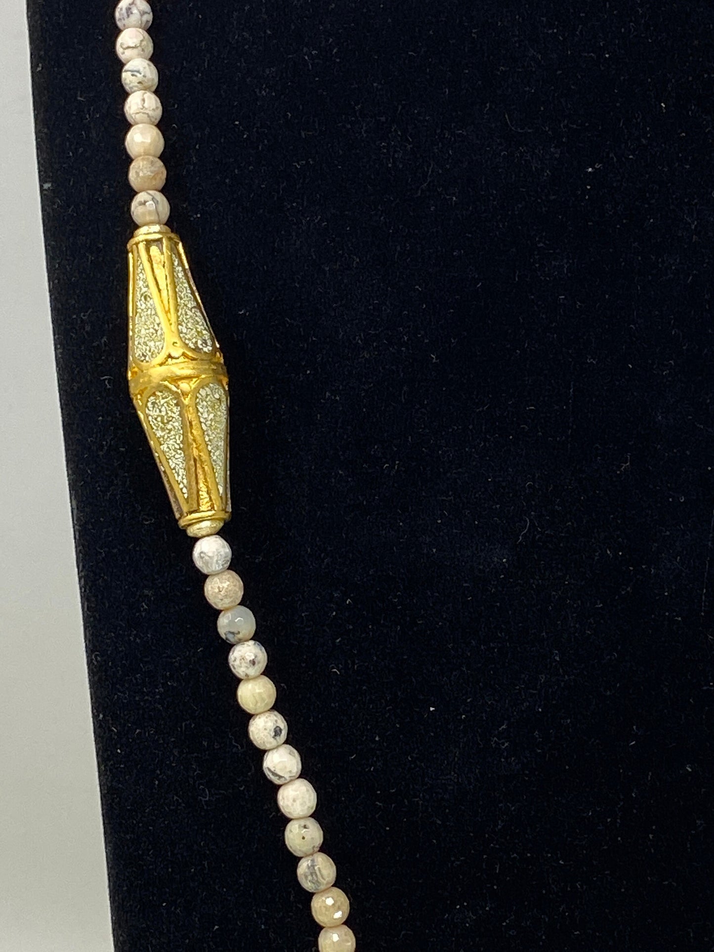 36" Long Necklace 6mm Faceted Creamy Beige White Natural Fossil Jasper, Amber Inlaid Focal Bead, Obsidian Handcrafted Pendant, Gold Overlay