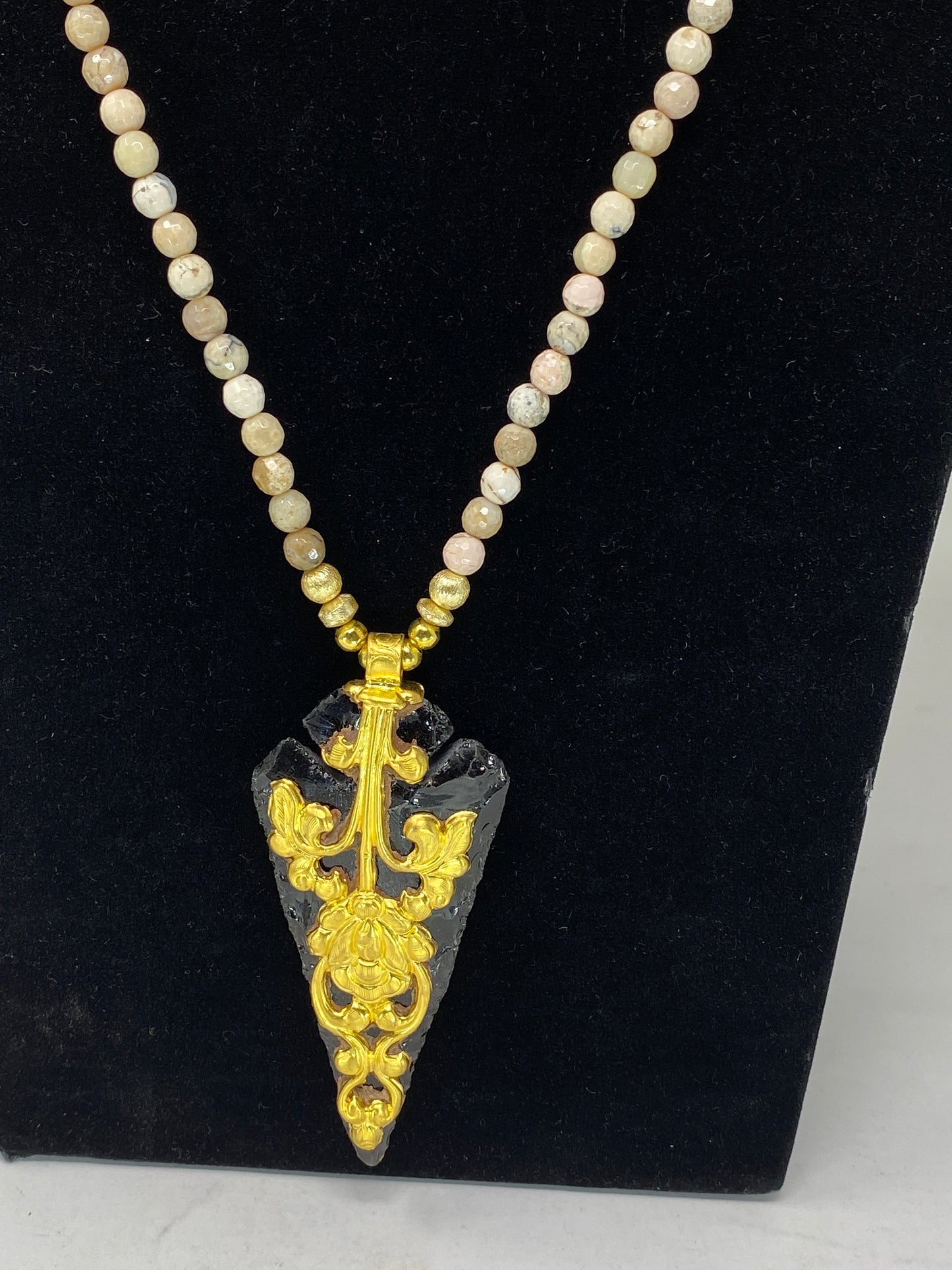 36" Long Necklace 6mm Faceted Creamy Beige White Natural Fossil Jasper, Amber Inlaid Focal Bead, Obsidian Handcrafted Pendant, Gold Overlay