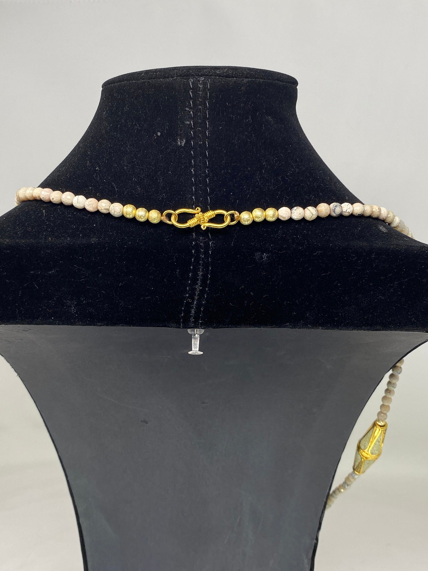 36" Long Necklace 6mm Faceted Creamy Beige White Natural Fossil Jasper, Amber Inlaid Focal Bead, Obsidian Handcrafted Pendant, Gold Overlay