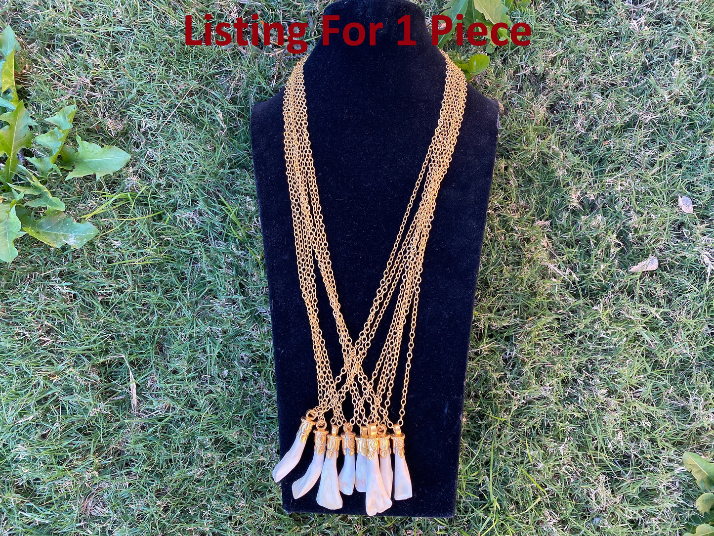 36'' Long Necklace, Buffalo Real Tooth 18K Brushed Gold Overlay Chain Necklace, Elegant Necklace, Bone Pendant Jewelry, Statement Jewelry,