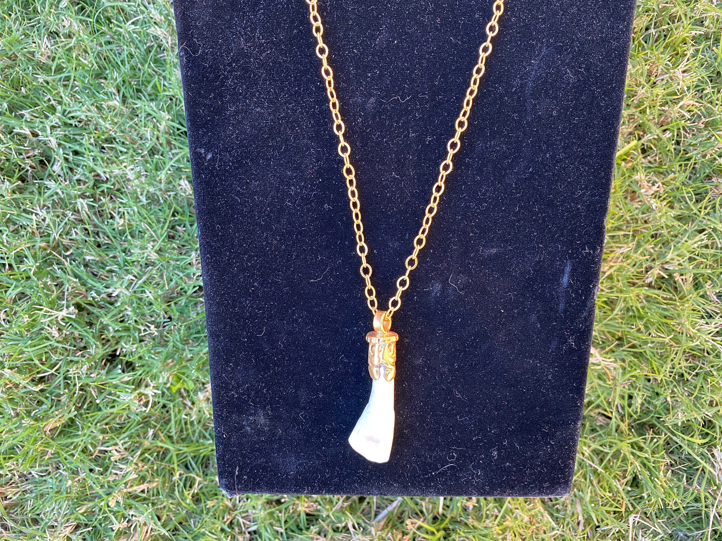 36'' Long Necklace, Buffalo Real Tooth 18K Brushed Gold Overlay Chain Necklace, Elegant Necklace, Bone Pendant Jewelry, Statement Jewelry,