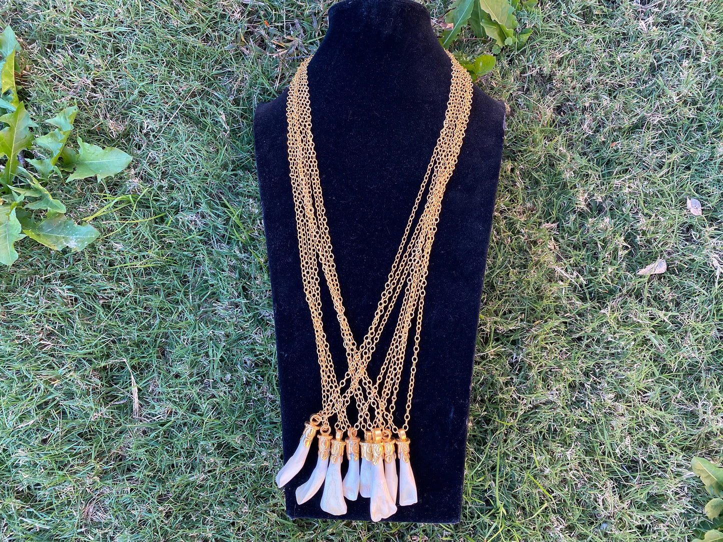 36'' Long Necklace, Buffalo Real Tooth 18K Brushed Gold Overlay Chain Necklace, Elegant Necklace, Bone Pendant Jewelry, Statement Jewelry,