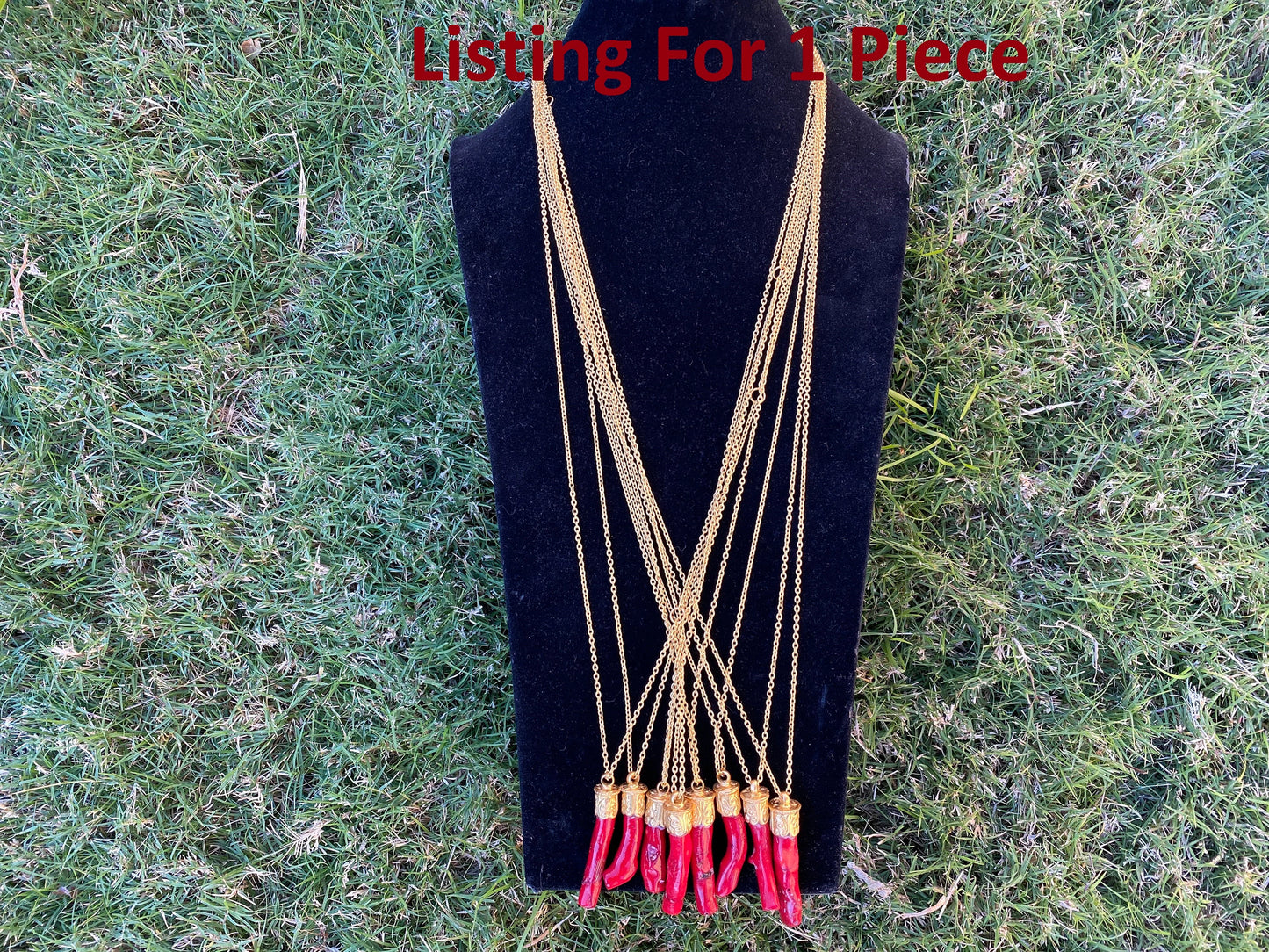 36'' Long Necklace, Dyed Red Coral 18K Brushed Gold Overlay Chain Necklace, Elegant Necklace, Coral Pendant Jewelry, Statement Jewelry, Boho