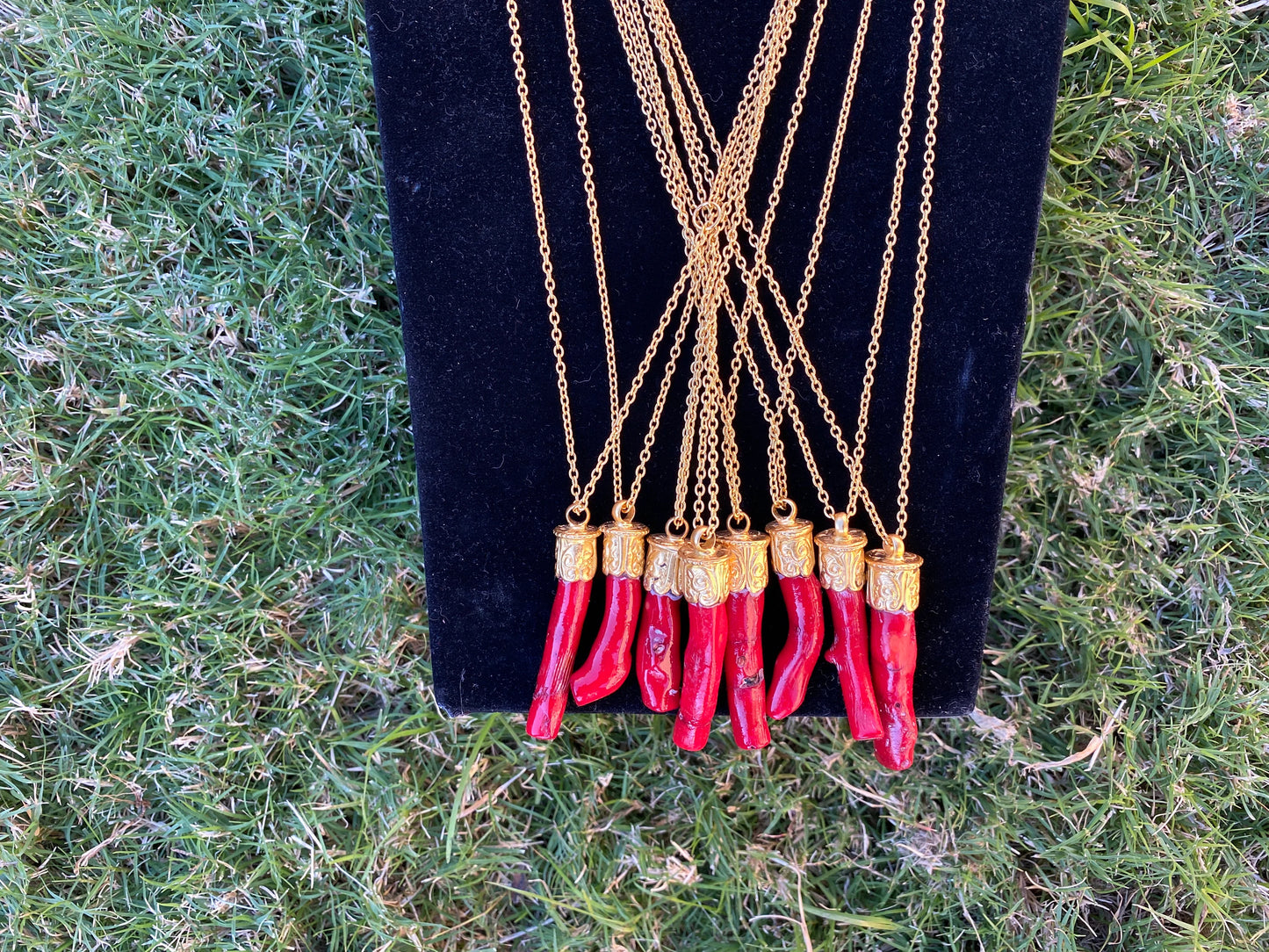 36'' Long Necklace, Dyed Red Coral 18K Brushed Gold Overlay Chain Necklace, Elegant Necklace, Coral Pendant Jewelry, Statement Jewelry, Boho