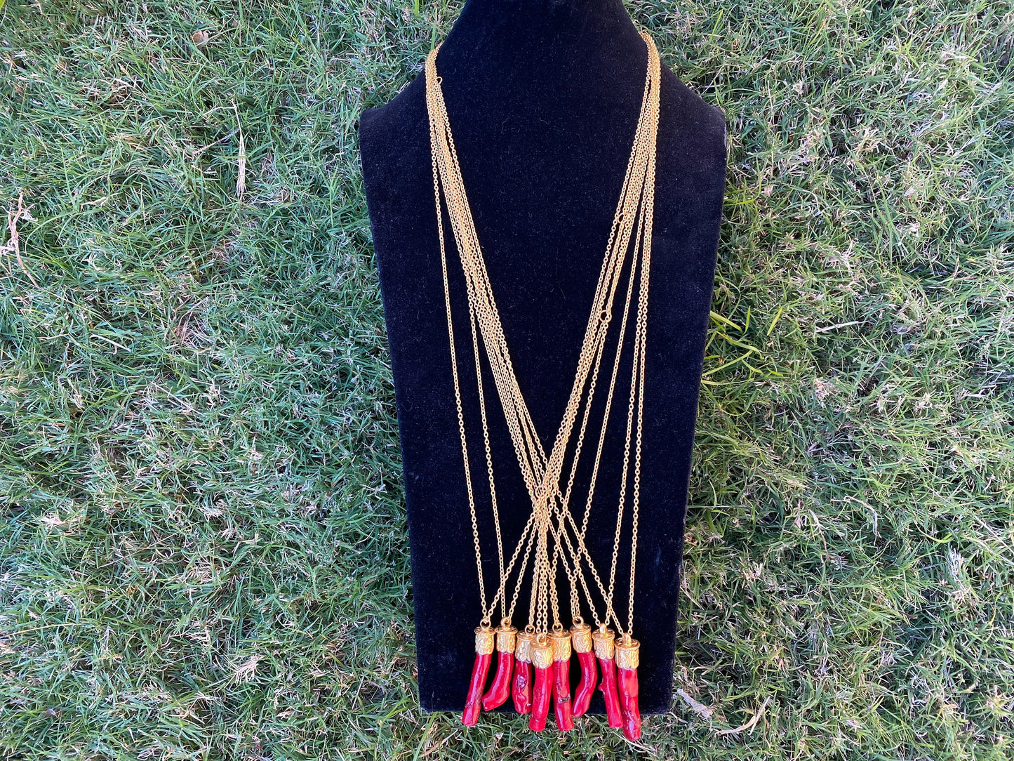 36'' Long Necklace, Dyed Red Coral 18K Brushed Gold Overlay Chain Necklace, Elegant Necklace, Coral Pendant Jewelry, Statement Jewelry, Boho