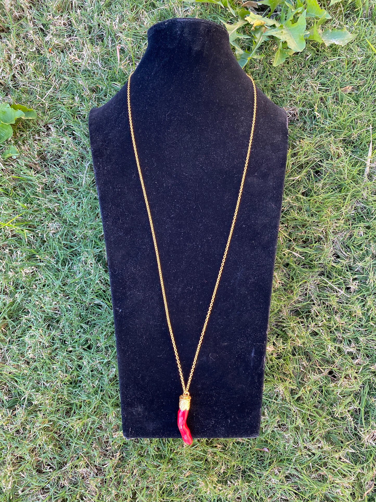 36'' Long Necklace, Dyed Red Coral 18K Brushed Gold Overlay Chain Necklace, Elegant Necklace, Coral Pendant Jewelry, Statement Jewelry, Boho