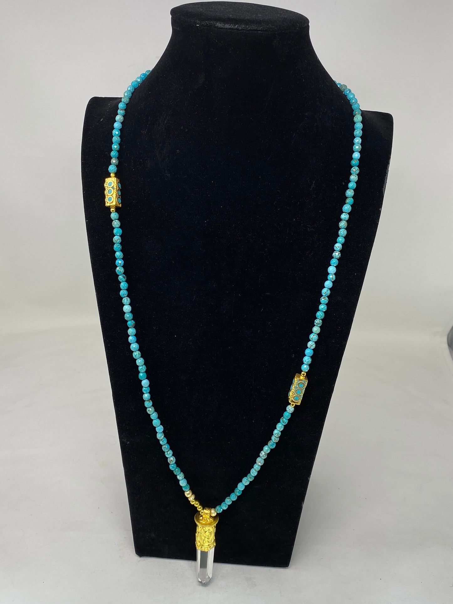 36" Long Turquoise Necklace, 6mm Faceted Round Shape Himalayan Pointed Crystal Pendant Turquoise inlaid on Focal Bead 18k Matte Gold Overlay
