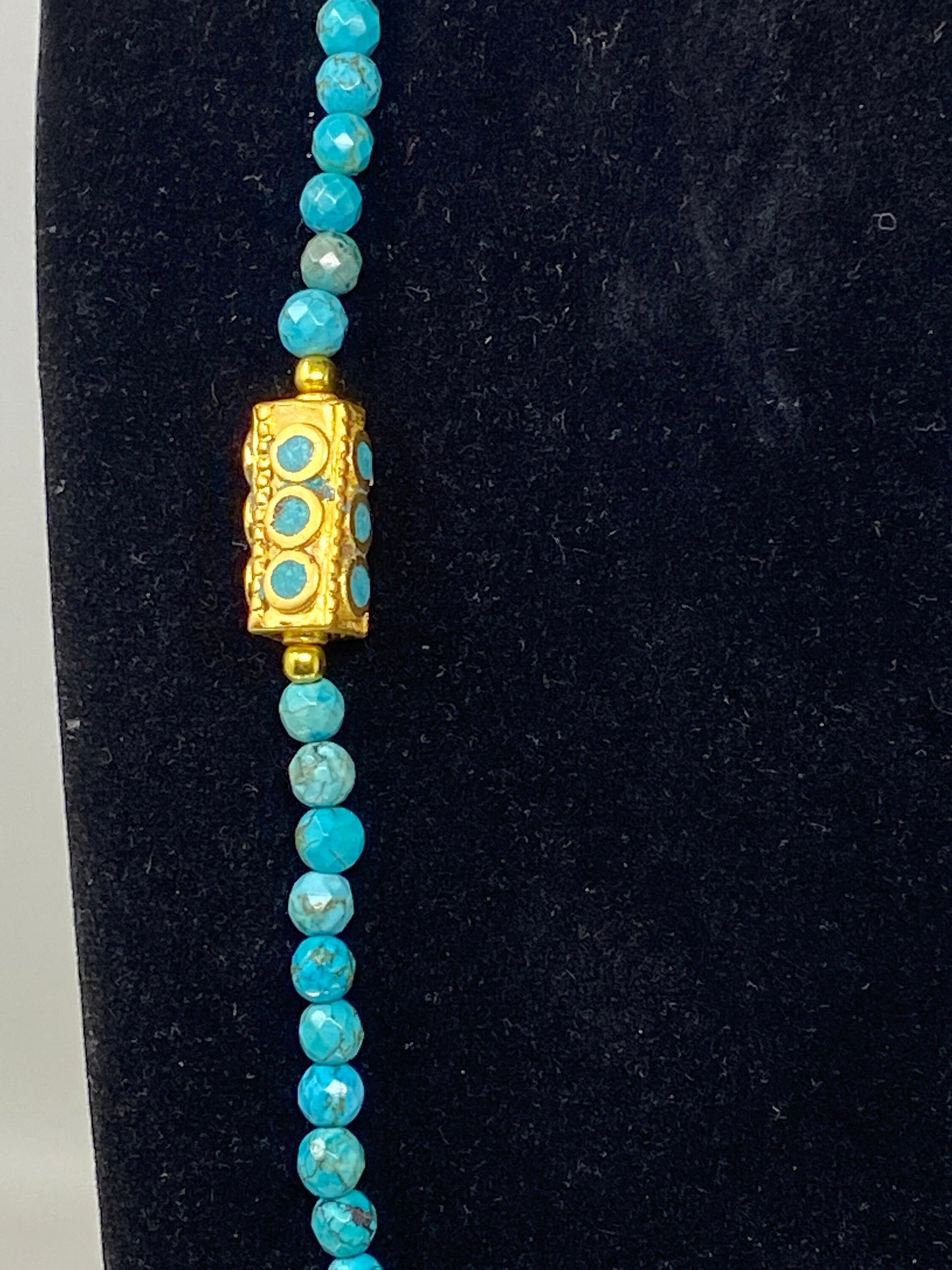 36" Long Turquoise Necklace, 6mm Faceted Round Shape Himalayan Pointed Crystal Pendant Turquoise inlaid on Focal Bead 18k Matte Gold Overlay