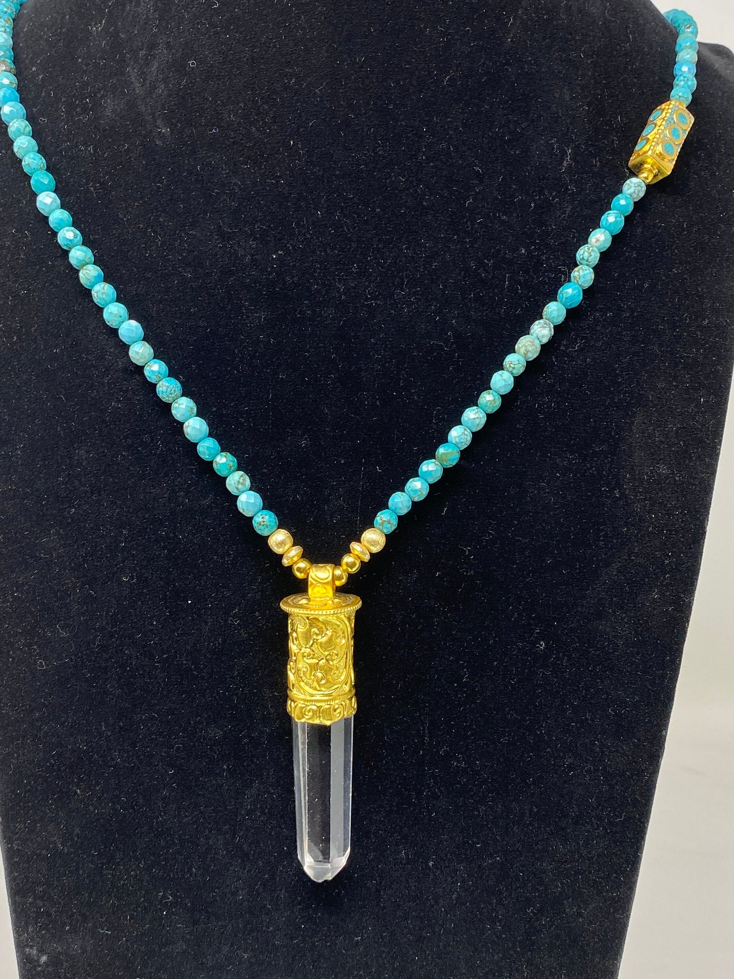 36" Long Turquoise Necklace, 6mm Faceted Round Shape Himalayan Pointed Crystal Pendant Turquoise inlaid on Focal Bead 18k Matte Gold Overlay