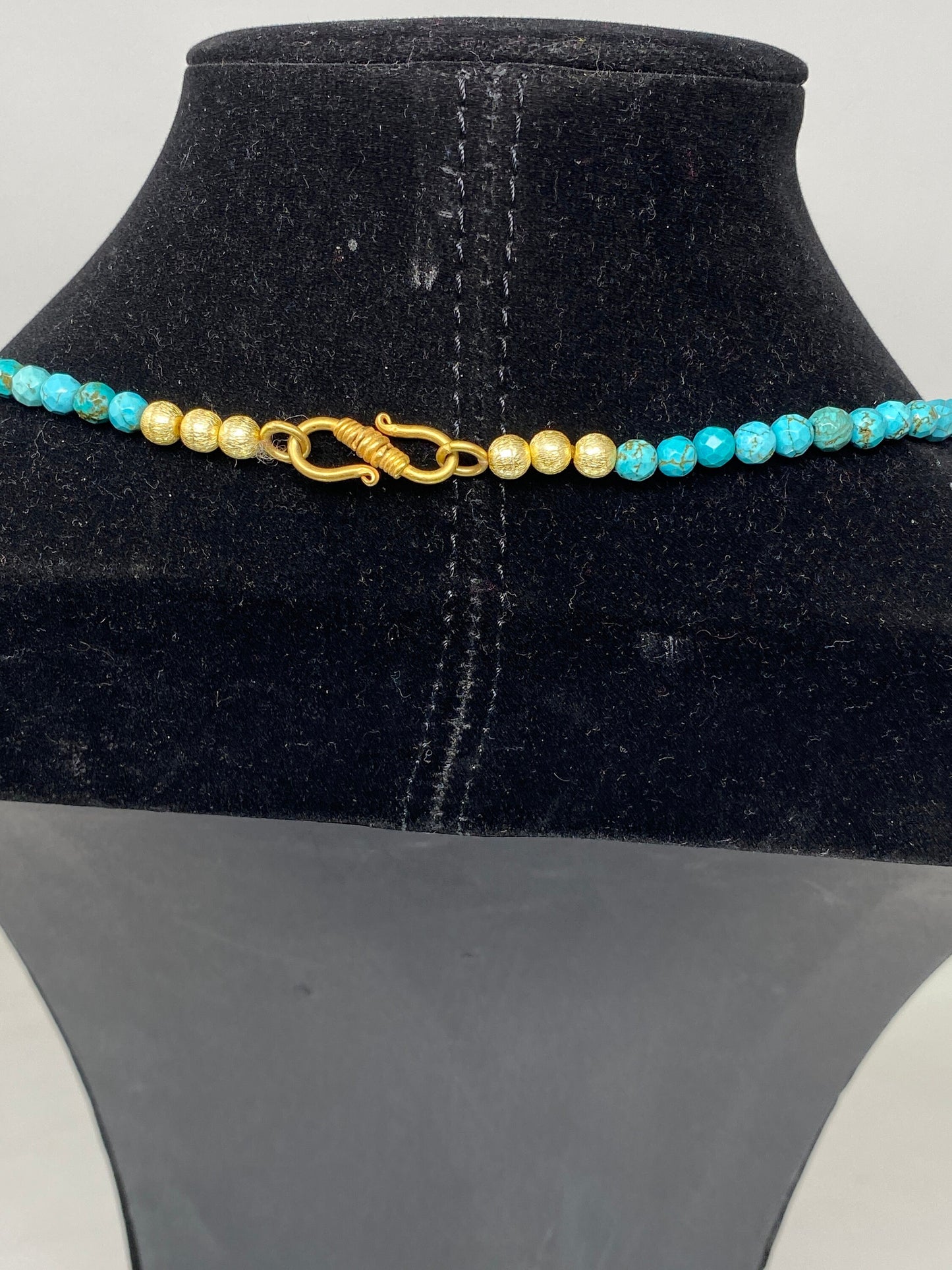 36" Long Turquoise Necklace, 6mm Faceted Round Shape Himalayan Pointed Crystal Pendant Turquoise inlaid on Focal Bead 18k Matte Gold Overlay