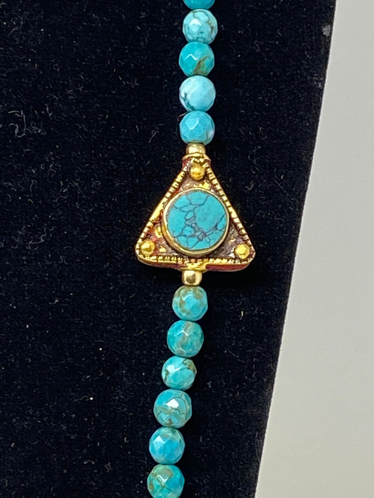 38" Long 6mm Turquoise Necklace, Faceted Round Shapes, Coral Turquoise Inlaid Focal Nepal Beads, Natural Stone, Handmade in Nepal, Statement
