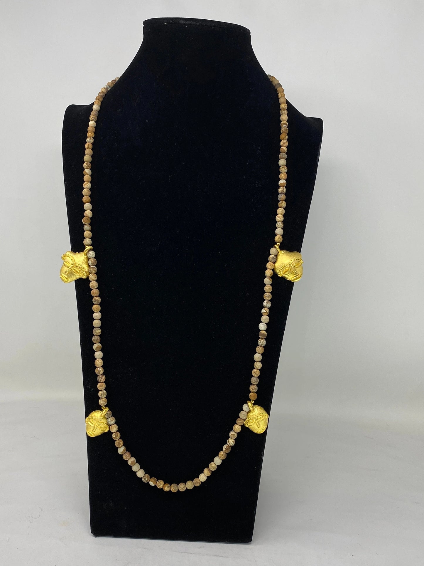 38" Long 7mm Necklace, Natural Wooden Matte Jasper, African Faces Charms, 18K Matte Gold Overlay, Beaded Necklace, Bohemian Tribal Necklace