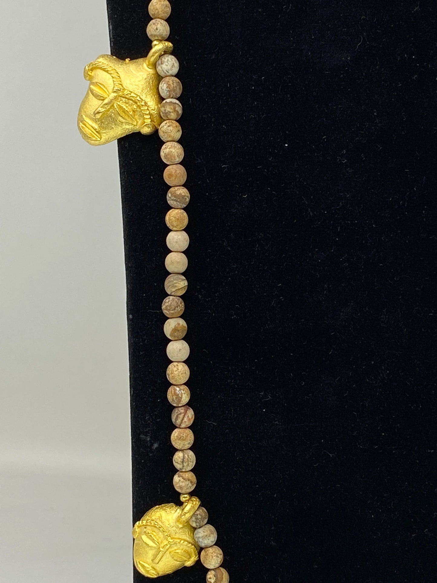 38" Long 7mm Necklace, Natural Wooden Matte Jasper, African Faces Charms, 18K Matte Gold Overlay, Beaded Necklace, Bohemian Tribal Necklace