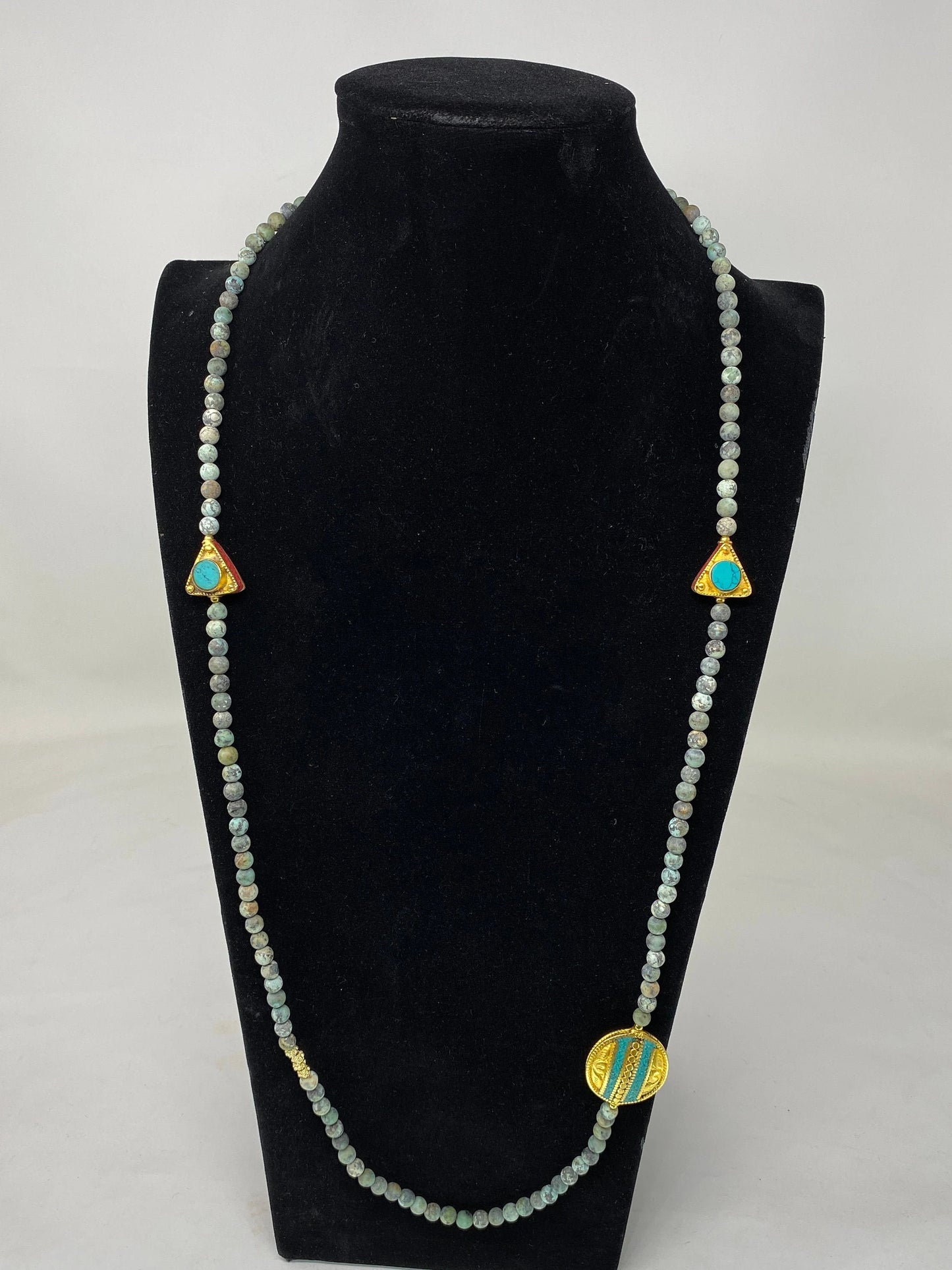 38" Long African Turquoise Necklace, 7 mm Round Shape, 18k Matte Gold Overlay Focal Beads, Turquoise & Coral Inlaid, Natural Gemstone Beaded