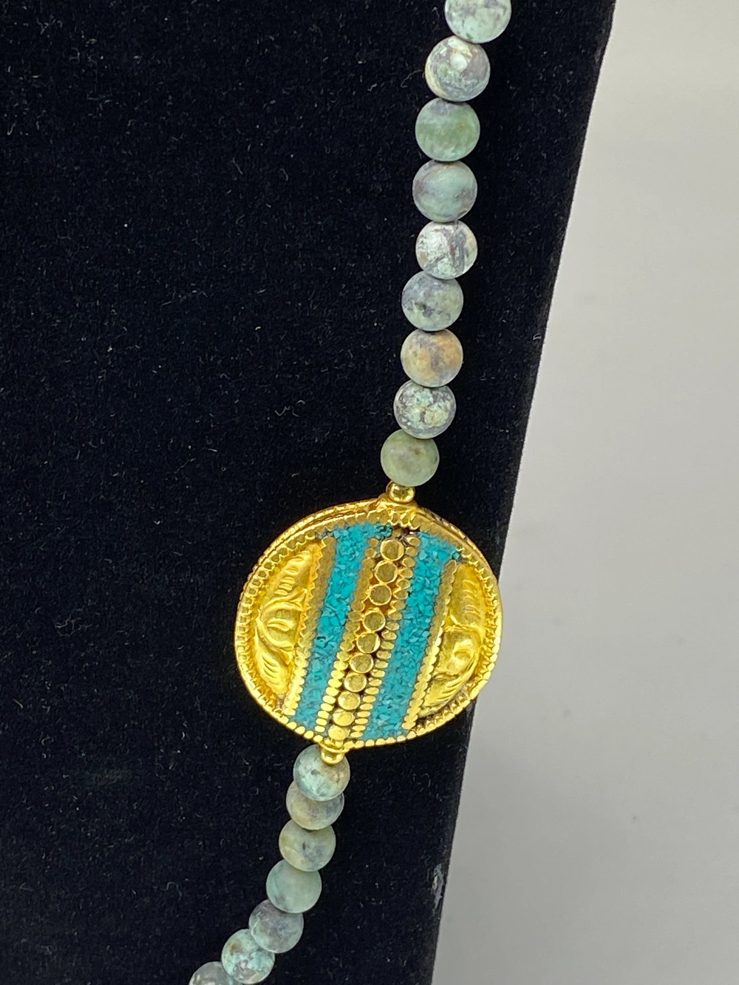 38" Long African Turquoise Necklace, 7 mm Round Shape, 18k Matte Gold Overlay Focal Beads, Turquoise & Coral Inlaid, Natural Gemstone Beaded