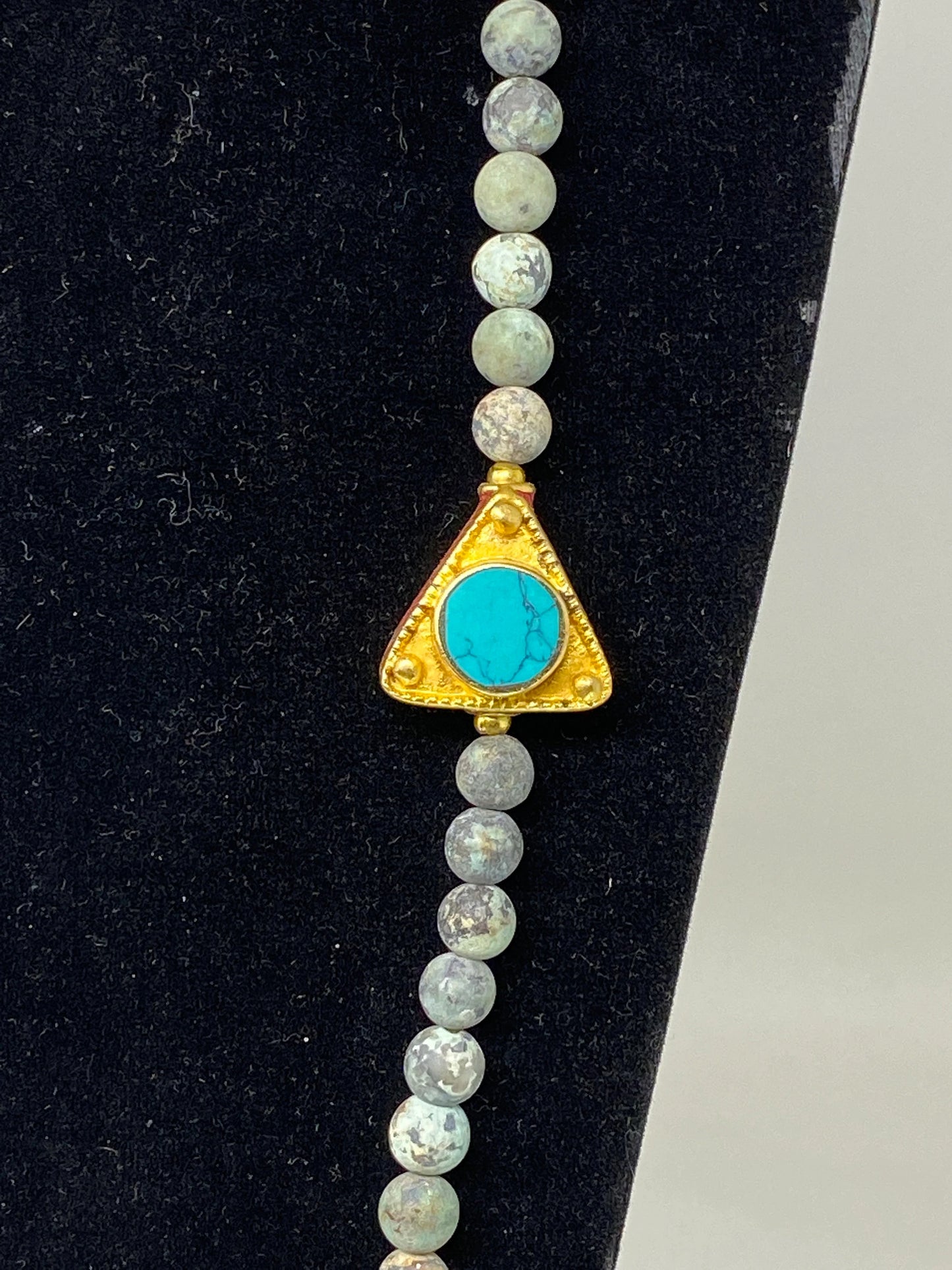 38" Long African Turquoise Necklace, 7 mm Round Shape, 18k Matte Gold Overlay Focal Beads, Turquoise & Coral Inlaid, Natural Gemstone Beaded