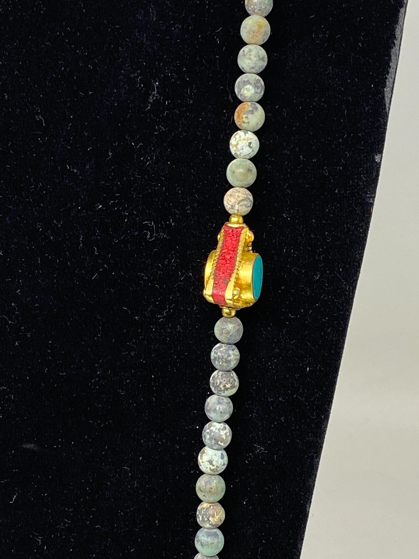 38" Long African Turquoise Necklace, 7 mm Round Shape, 18k Matte Gold Overlay Focal Beads, Turquoise & Coral Inlaid, Natural Gemstone Beaded