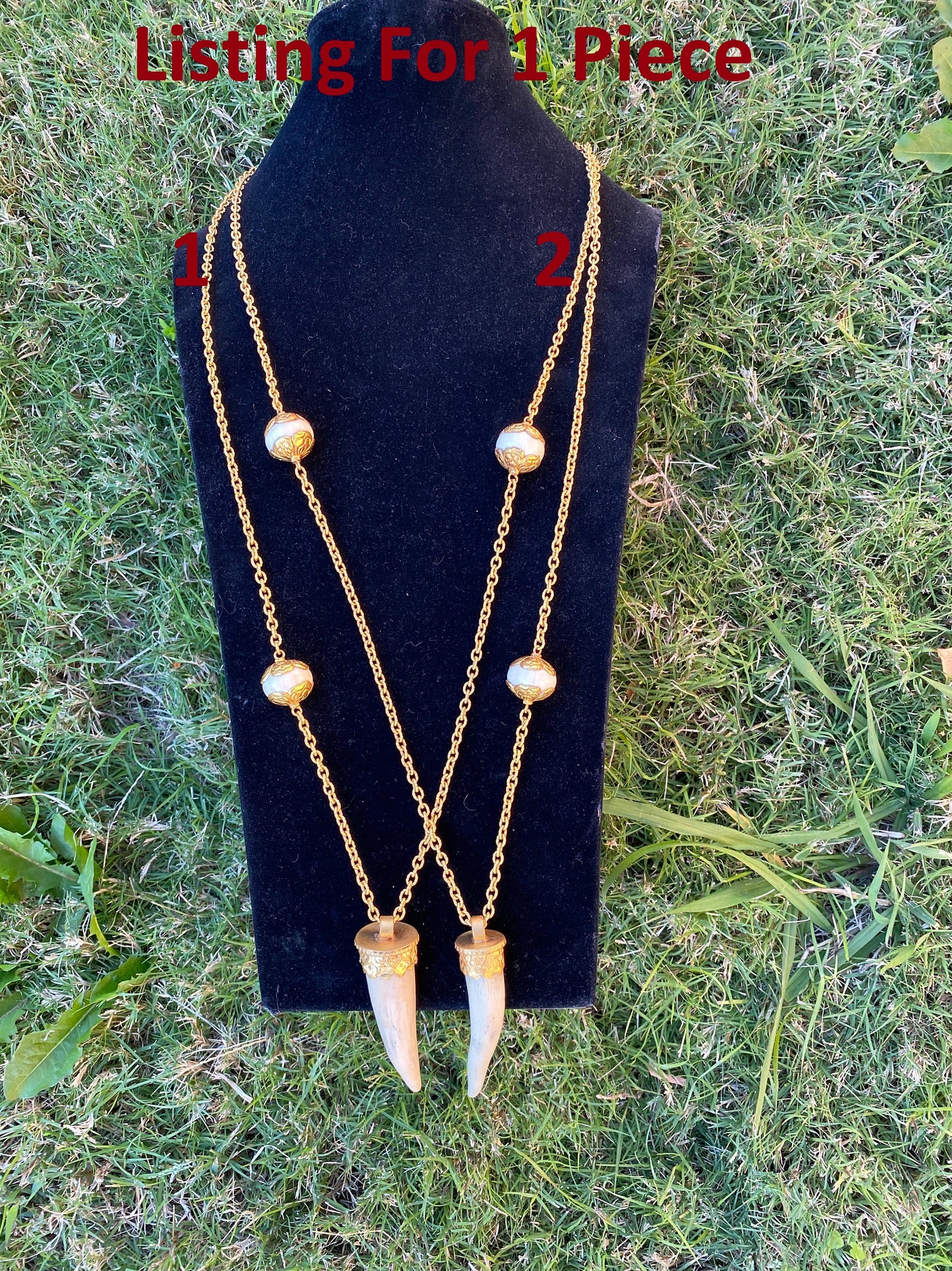 38" Long Necklace, Deer Antler and African Bone Beads with 18K Brushed Gold Overlay Chain Necklace, Antler Point Pendant, Christmas gift