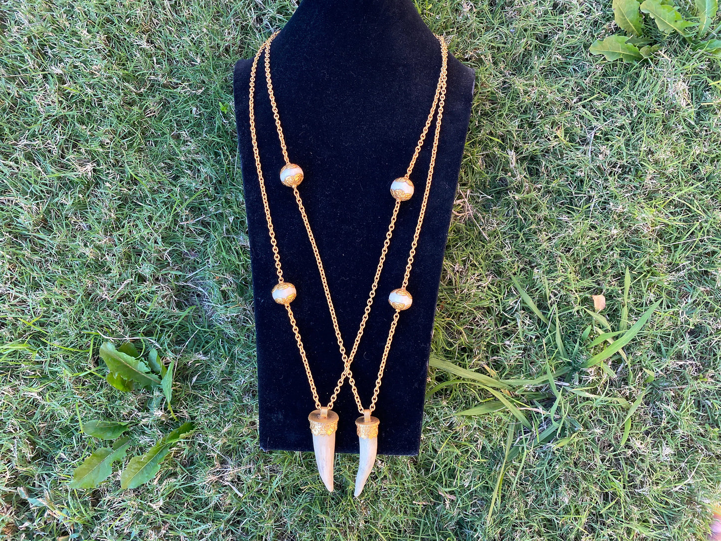 38" Long Necklace, Deer Antler and African Bone Beads with 18K Brushed Gold Overlay Chain Necklace, Antler Point Pendant, Christmas gift