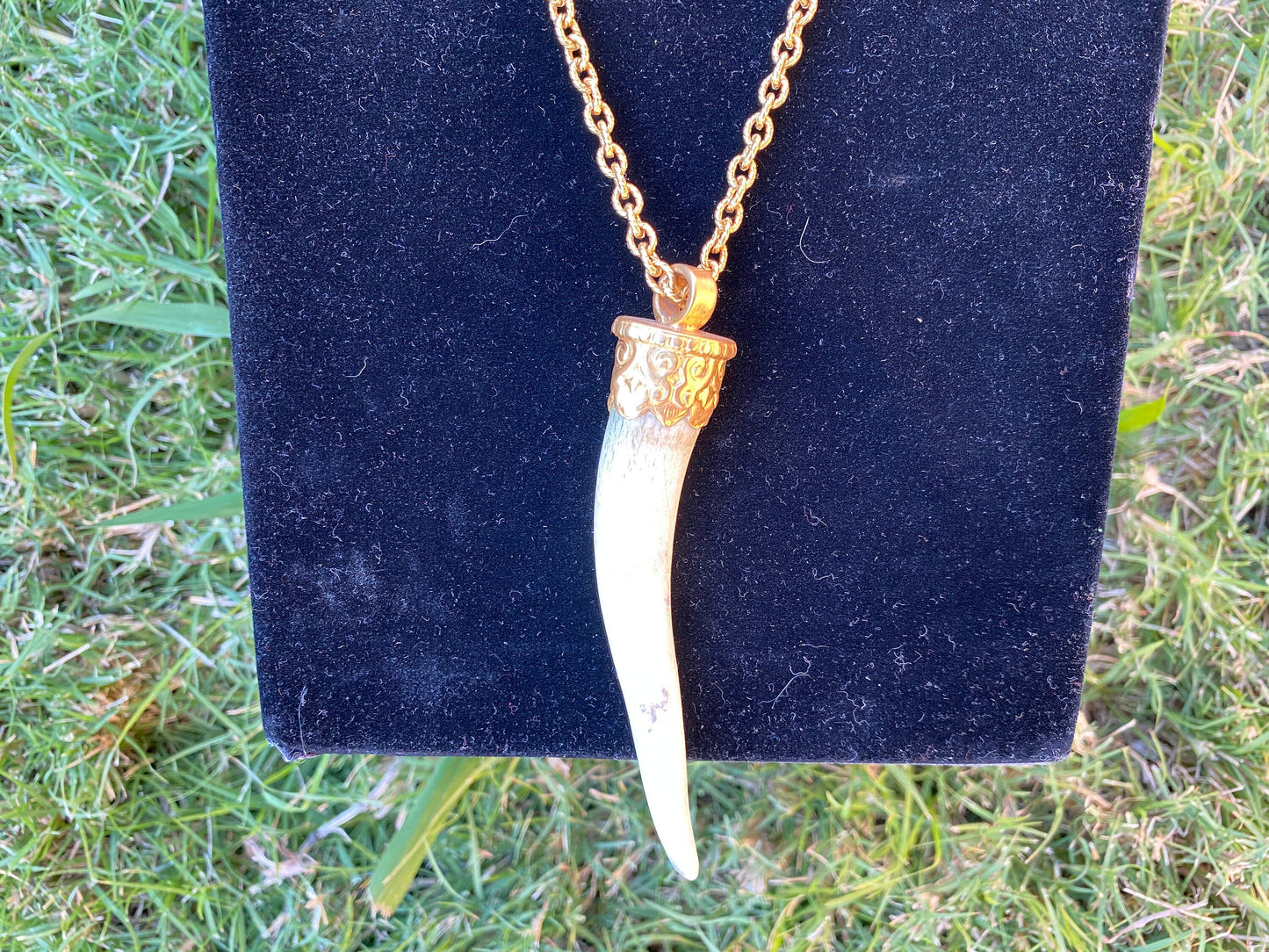 38" Long Necklace, Deer Antler and African Bone Beads with 18K Brushed Gold Overlay Chain Necklace, Antler Point Pendant, Christmas gift