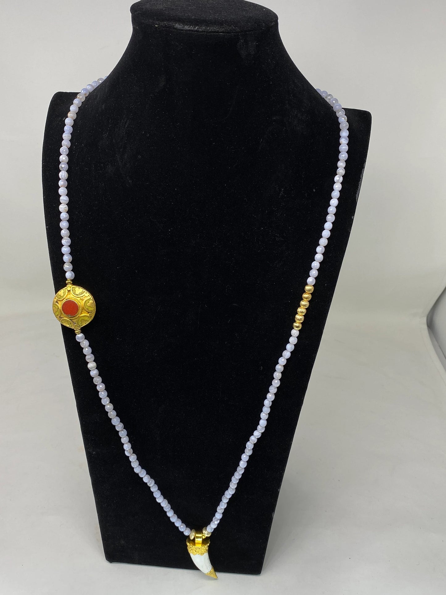 38' long Necklace, Light Blue Lace Agate, 6 mm Round Shape, 18k Matte Gold overlay Shell Pendant, with Coral Inlaid Nepali Beads