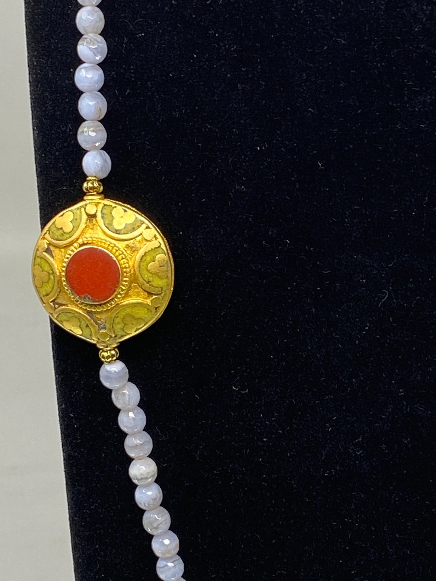 38' long Necklace, Light Blue Lace Agate, 6 mm Round Shape, 18k Matte Gold overlay Shell Pendant, with Coral Inlaid Nepali Beads