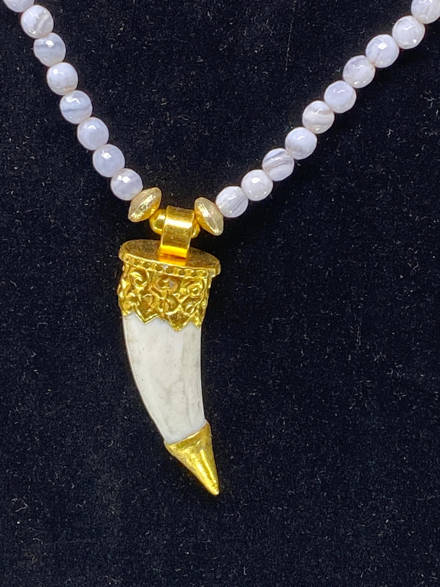 38' long Necklace, Light Blue Lace Agate, 6 mm Round Shape, 18k Matte Gold overlay Shell Pendant, with Coral Inlaid Nepali Beads