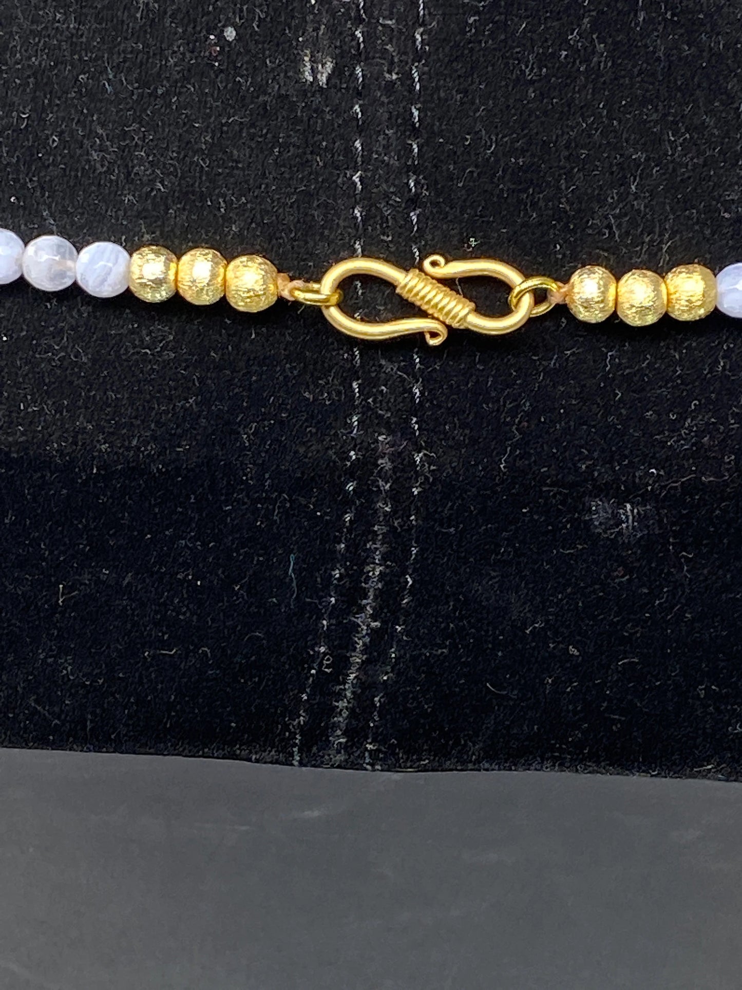 38' long Necklace, Light Blue Lace Agate, 6 mm Round Shape, 18k Matte Gold overlay Shell Pendant, with Coral Inlaid Nepali Beads