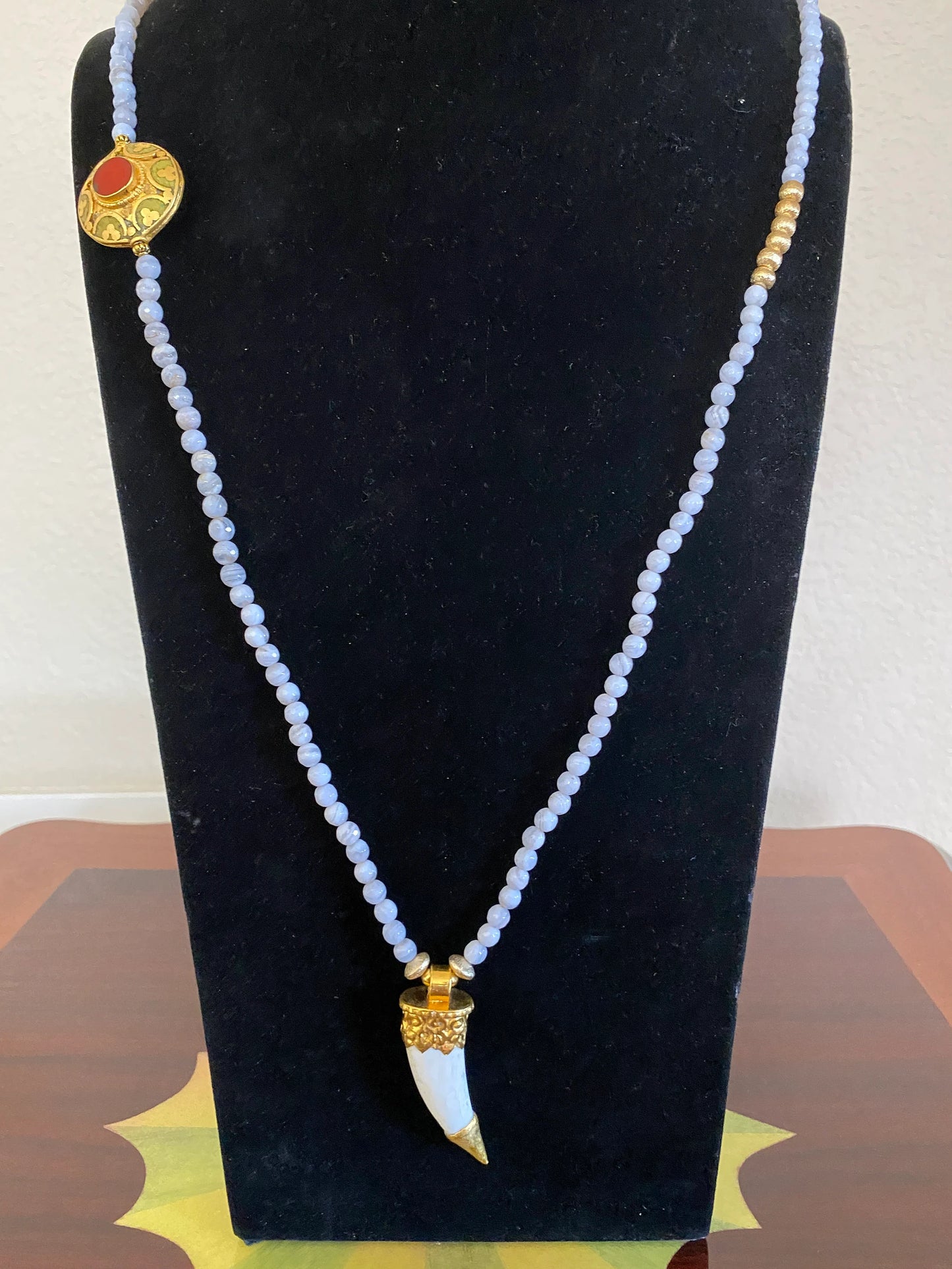 38' long Necklace, Light Blue Lace Agate, 6 mm Round Shape, 18k Matte Gold overlay Shell Pendant, with Coral Inlaid Nepali Beads