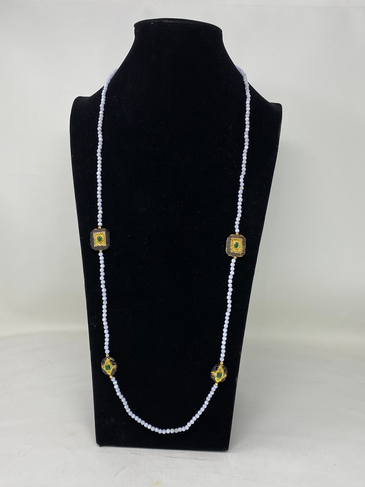 40" Long 5mm Faceted Blue Lace Agate Necklace, Rhinestone Black & Gold Focal Beads, Gold Overlay, Beaded Necklace, Long Layering Necklace
