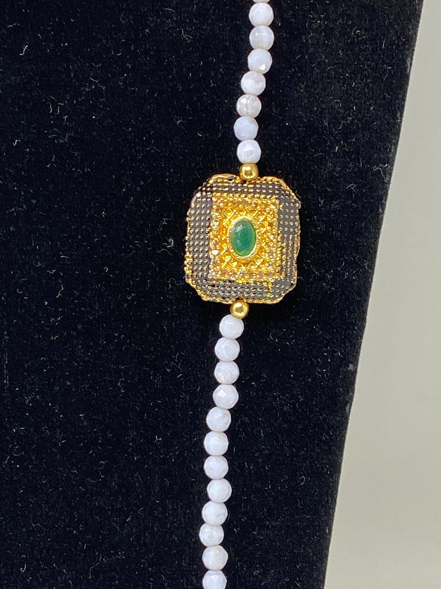 40" Long 5mm Faceted Blue Lace Agate Necklace, Rhinestone Black & Gold Focal Beads, Gold Overlay, Beaded Necklace, Long Layering Necklace