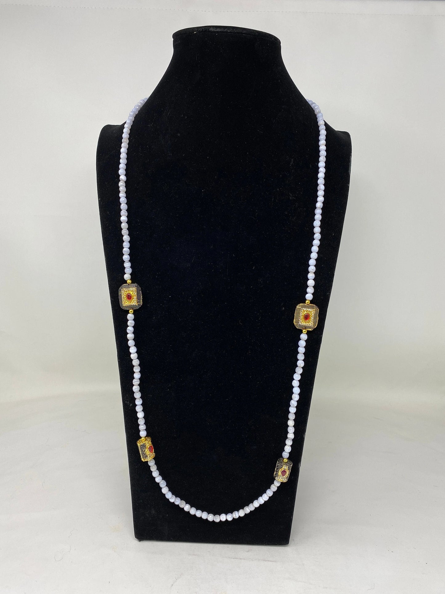 40" Long 6mm Lace Agate Necklace, Rhinestone Matte Gold Overlay,Beaded Necklace, Costume Jewelry, Statement Necklace, Designer necklace