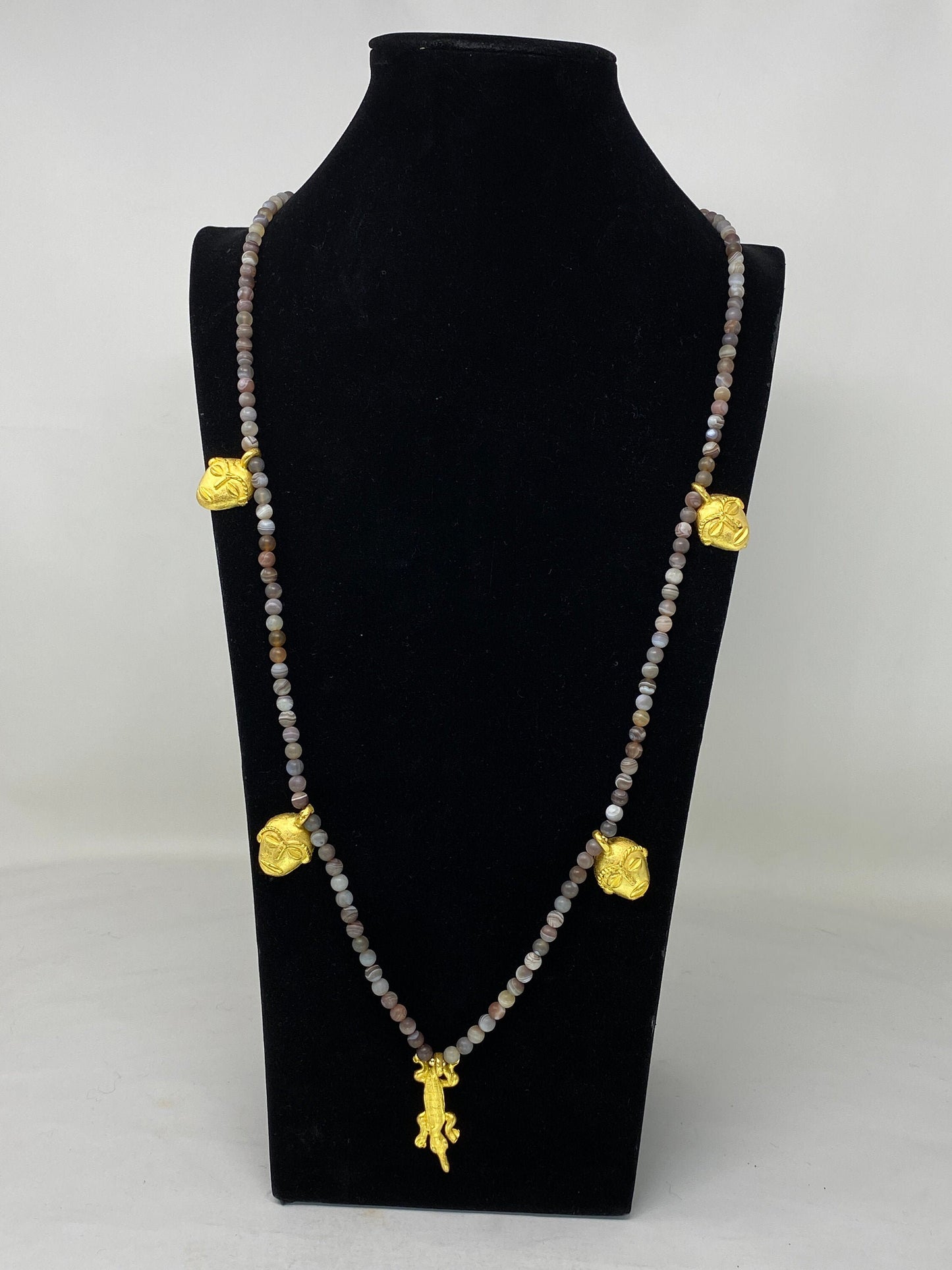 40" Long 6mm Necklace, Natural Botswana Matte Agate, African Face Charms and Crocodile Designs Pendant, Matte Gold Overlay, Beaded Necklace