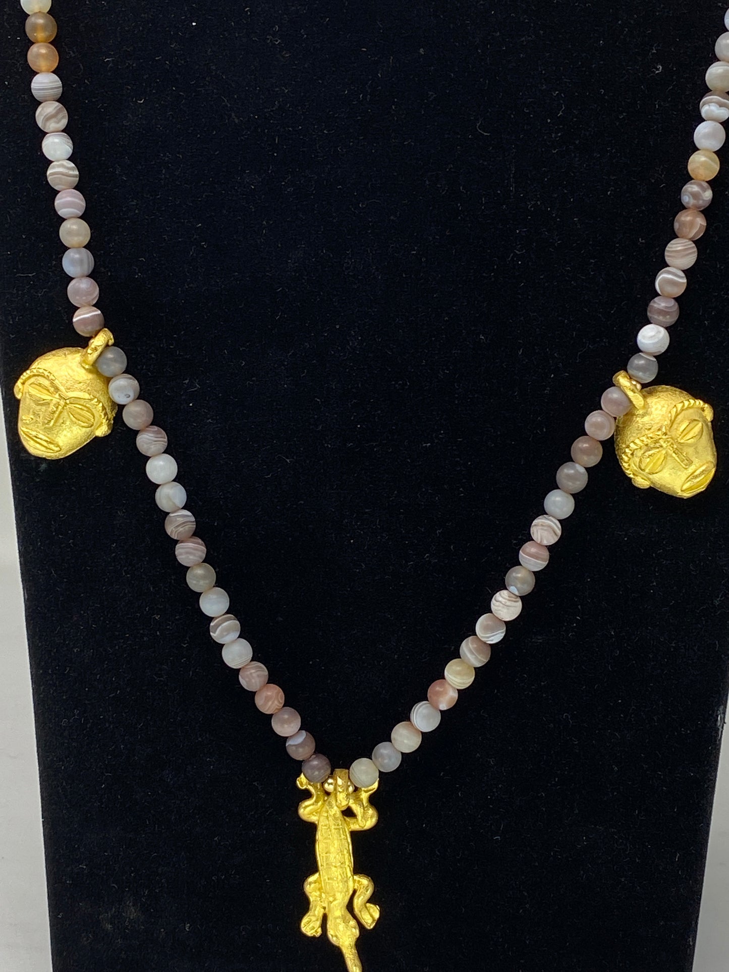 40" Long 6mm Necklace, Natural Botswana Matte Agate, African Face Charms and Crocodile Designs Pendant, Matte Gold Overlay, Beaded Necklace