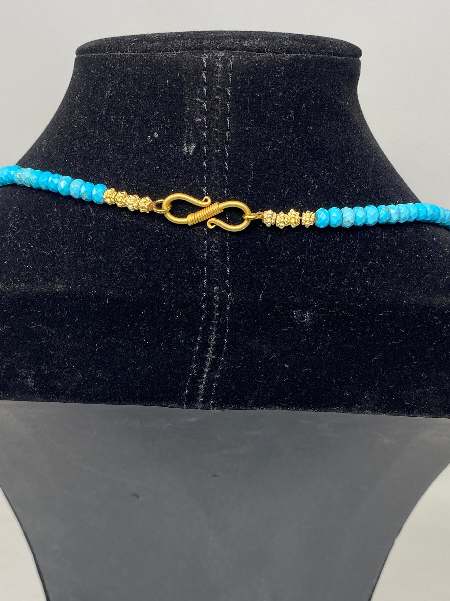 40" Long Turquoise Necklace, 6mm Faceted Round Shapes Bead, Coral & Turquoise inlaid on Focal Beads, 18k Matte Gold Overlay, Beaded Necklace