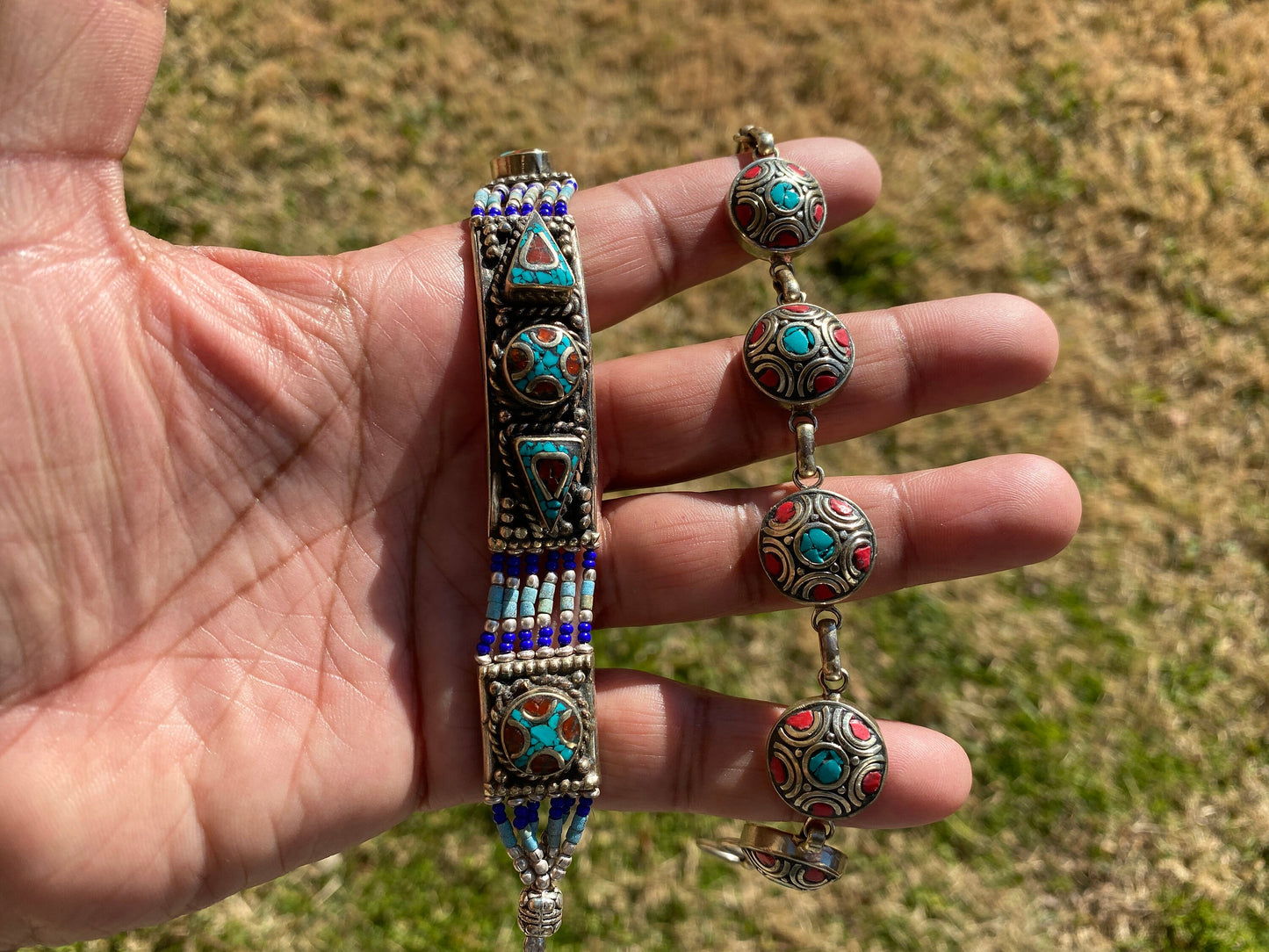 7 Inches Tibetan Designs Bracelet, Made with Tibetan Silver, Coral, Turquoise and Lapis Inlayed,