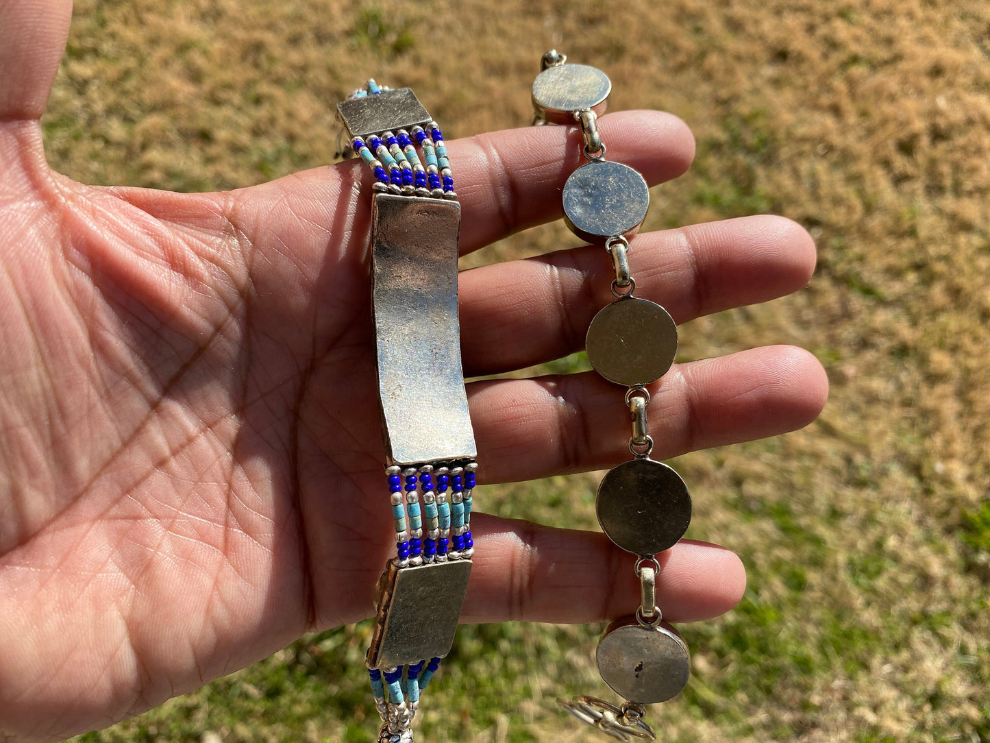 7 Inches Tibetan Designs Bracelet, Made with Tibetan Silver, Coral, Turquoise and Lapis Inlayed,